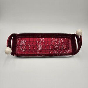 Handcrafted Ceramic & Metal Holiday Serving Tray W/Santa Hat Handles Xmas Decor